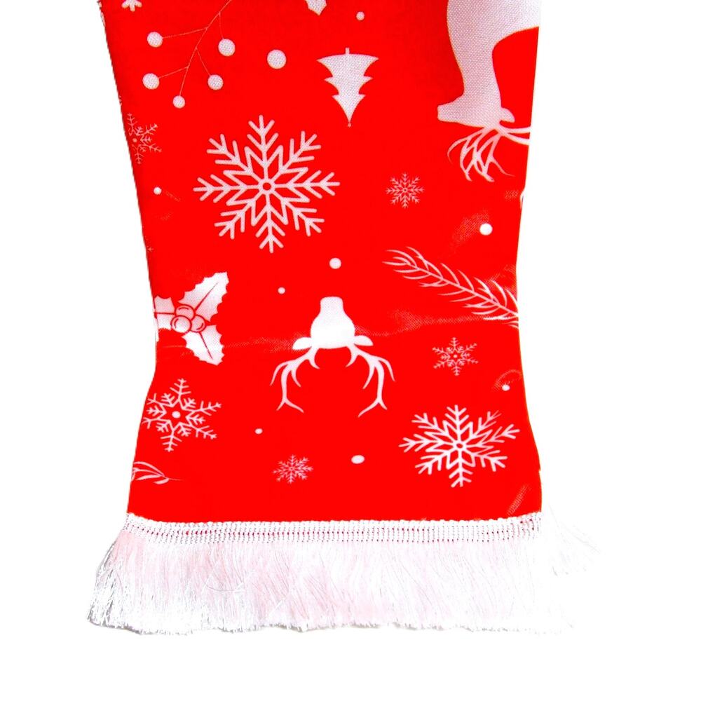 Winter Silk Scarf Red with White Tassels Deer Snowflakes Holly 56 inches long